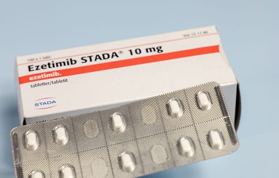 Ezetimib against high cholesterol in the bkood pills. Copenhagen, Denmark - February 11, 2025