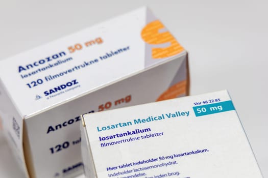 Losartan high blood pressure pills. Prescription medication. Copenhagen, Denmark - February 11, 2025
