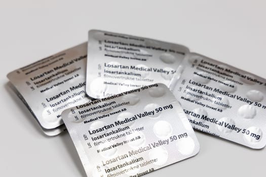 Losartan high blood pressure pills. Prescription medication. Copenhagen, Denmark - February 11, 2025