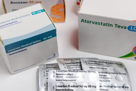 Losartan high blood pressure pills. Prescription medication. Copenhagen, Denmark - February 11, 2025