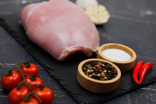 The concept of proper and healthy nutrition, diet, menu, natural and organic products. Close-up of raw turkey fillet lying on a black stone plank with spices and salt in wooden bowls, red hot chilli peppers, tomatoes on a branch, and garlic on a dark background. High quality photo