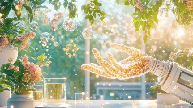 In a vibrant garden bathed in sunlight, a robotic hand extends toward sparkling molecular structures, surrounded by blooming flowers and refreshing green foliage, creating a futuristic ambiance.