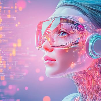 A humanoid robot with a sleek design features advanced goggles that reflect vibrant colors. The background is filled with glowing digital elements, creating a futuristic atmosphere.