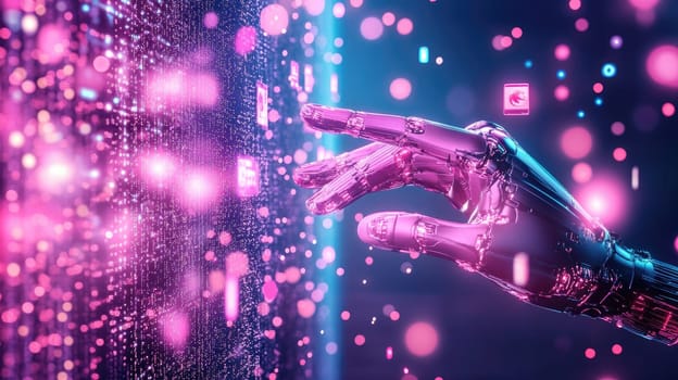 A metallic robotic hand extends towards a glowing digital screen filled with colorful data visualizations and holographic elements in a dimly lit space.