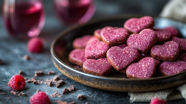 A collection of heart-shaped raspberry cookies is arranged on a dark plate, surrounded by fresh raspberries and chocolate pieces, with pink beverages in the background.