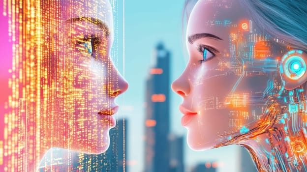 Two faces, one human and one robotic, appear to converse in a vibrant, technologically advanced cityscape. The sky glows with digital patterns as evening approaches.