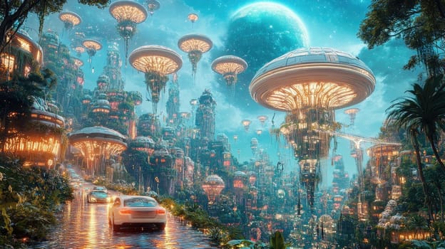 A vibrant city features floating structures illuminated in bright colors, surrounded by greenery. Two cars travel along a winding road, while a large blue moon shines above at twilight.