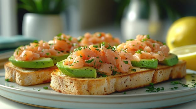 Slices of toasted bread topped with creamy avocado and delicate smoked salmon are garnished with fresh herbs. A lemon wedge adds a zesty touch to the dish.