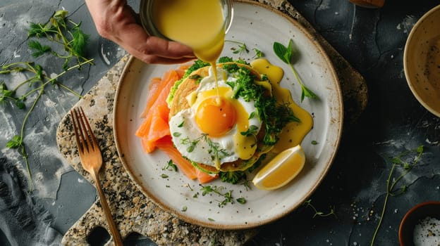 A beautifully arranged dish featuring a poached egg resting atop smoked salmon and fresh herbs on a rustic plate. A creamy sauce is being drizzled over the egg, enhancing its richness.