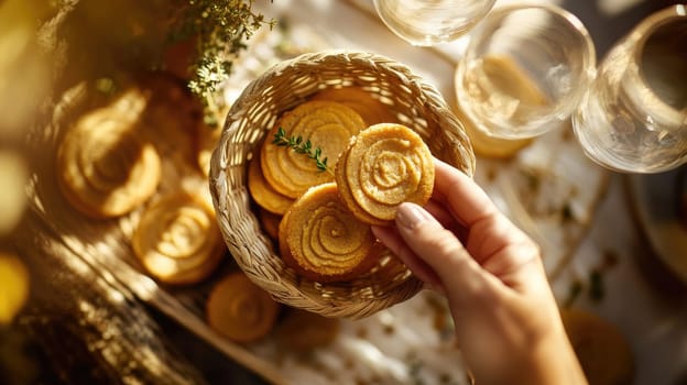 A hand reaches for a delicate cookie from a woven basket filled with golden treats. Sunlight highlights the inviting display, setting a warm, cozy atmosphere for sharing.