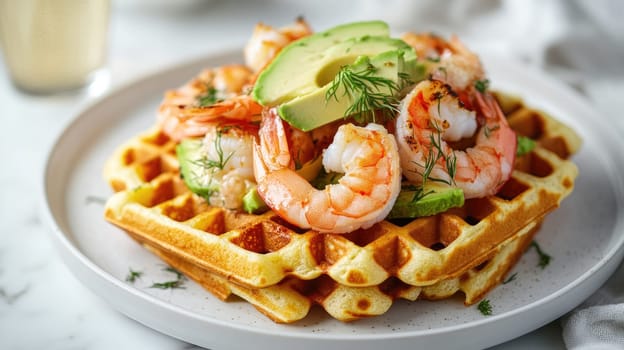 Shrimp and slices of avocado are artfully arranged on a crispy waffle, garnished with fresh herbs, creating an appealing and colorful dish for brunch.