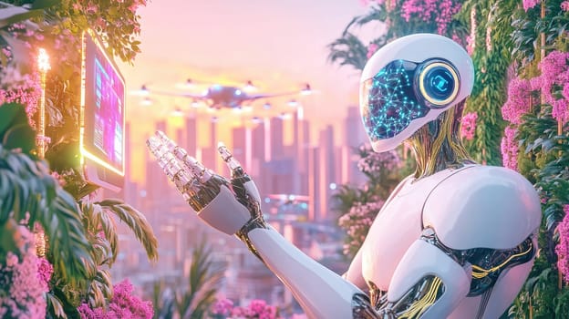 A humanoid robot with illuminated features engages with a digital screen surrounded by colorful flowers. The backdrop showcases a modern city skyline under a glowing sunset.
