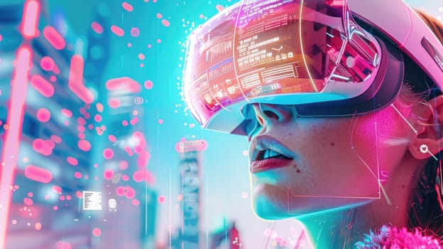 A woman wearing a sleek virtual reality headset immerses herself in a colorful digital world at night. Neon lights and futuristic graphics surround her, enhancing the experience.