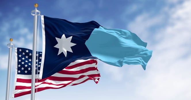Minnesota new state flag waving with the american flag on a clear day. State in the upper Midwest and northern regions of the United States. 3d illustration render. Rippled fabric