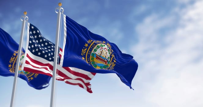 New Hampshire state flag waving in the wind with national US flag on a clear day. Dark blue background with a state seal in the middle. 3d illustration render. Rippling fabric