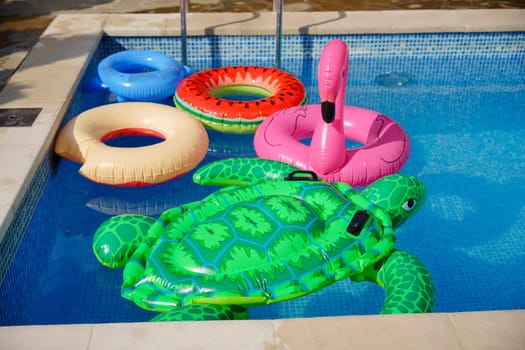 Inflatable flamingo, turtle, watermelon rings for a child's birthday by the swimming pool
