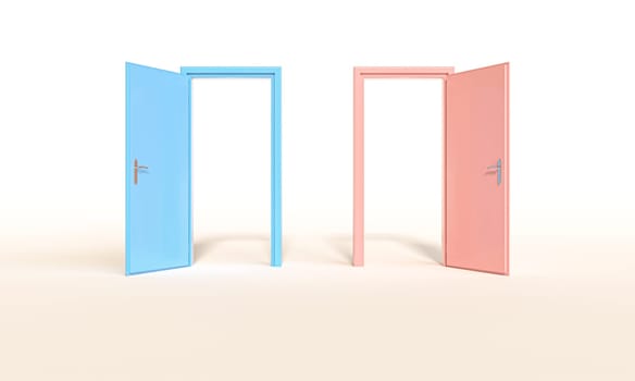 Two open doors, pink and blue, symbolizing gender equality 3d