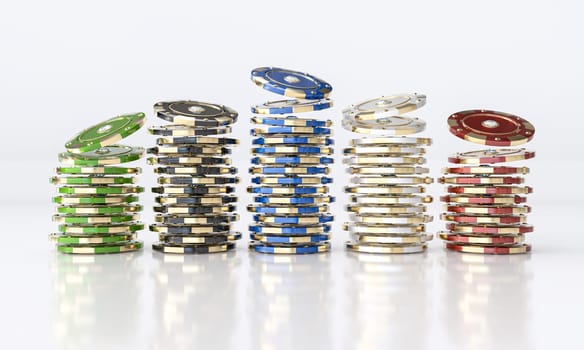 Colorful casino chips stacks  on reflective white background 3d