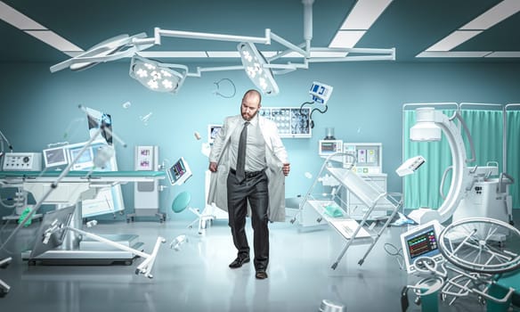 Doctor looking confused while standing in zero gravity operating room with floating medical equipment