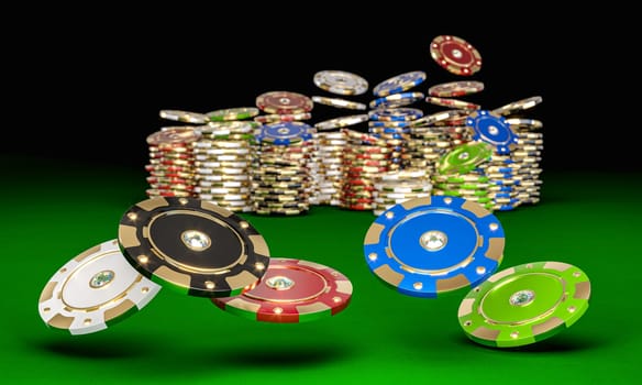 Colorful poker chips with diamonds green table  representing casino gambling 3d