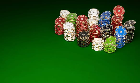 poker chips stacked on green table. casino gambling 3d background