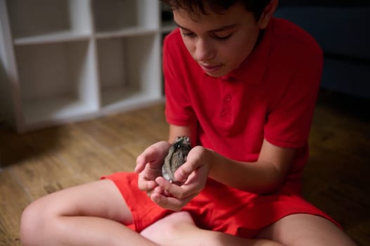 A young boy wearing a red outfit carefully holding a small bird in his hands, sitting cross-legged on a wooden floor. This image conveys themes of kindness, compassion, and the connection between humans and animals.