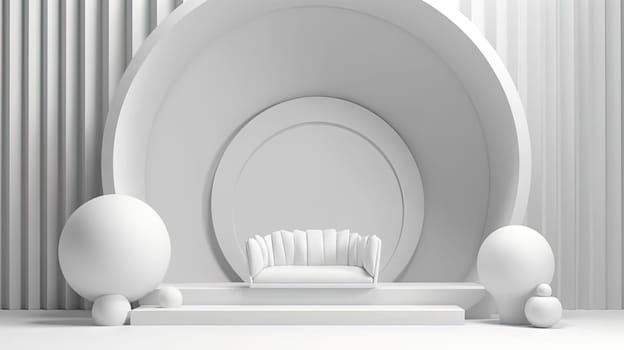 Minimalist white architectural scene with arches, spheres, and clean lines, embodying a modern and stylish aesthetic. Generated AI