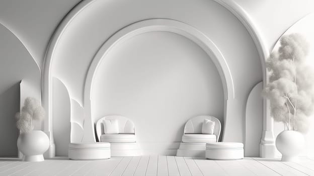 Minimalist white architectural scene with arches, spheres, and clean lines, embodying a modern and stylish aesthetic. Generated AI