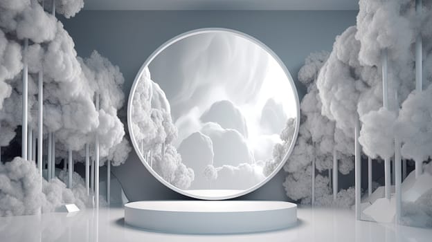 Interior with circular architecture form in 3D style. Abstract room with arc element and trees. Generated AI