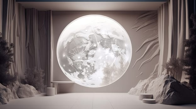 Interior with circular architecture form in 3D style. Abstract room with arc element and trees. Generated AI