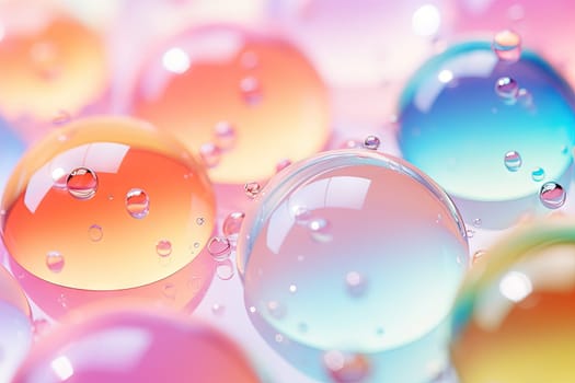 Pink holographic bubbles floating on the soft colorful abstract background in beautiful vivid tones. Generated AI