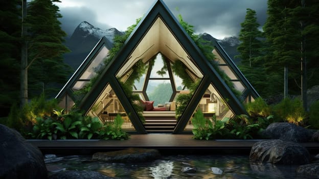 Abstract biomimetic architecture design influenced by nature and geometric forms. Sustainable building, healthy home in the forest. Generated AI