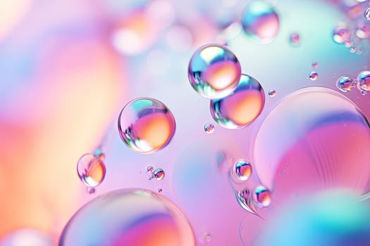 Pink holographic bubbles floating on the soft colorful abstract background in beautiful vivid tones. Generated AI