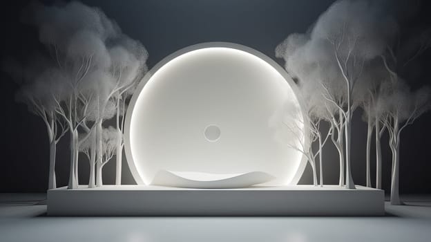 Interior with circular architecture form in 3D style. Abstract room with arc element and trees. Generated AI