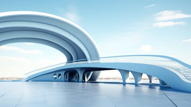 Abstract architecture scene with smooth curves. Abstract background with futuristic building in white and blue colors. Generated AI