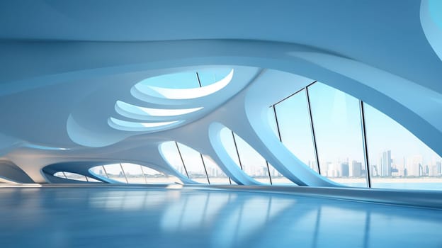 Abstract architecture scene with smooth curves. Abstract background with futuristic building in white and blue colors. Generated AI