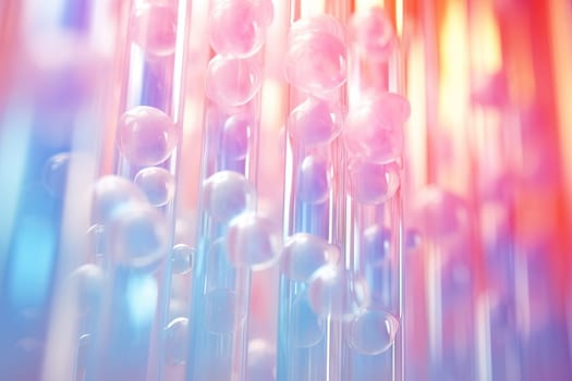 Pink holographic bubbles floating on the soft colorful abstract background in beautiful vivid tones. Generated AI