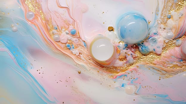Abstract artistic background with pearlescent pink marble and holographic golden paint stains. Generated AI