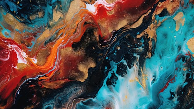 Abstract artistic background with blue and red marble with golden paint stains. Generated AI