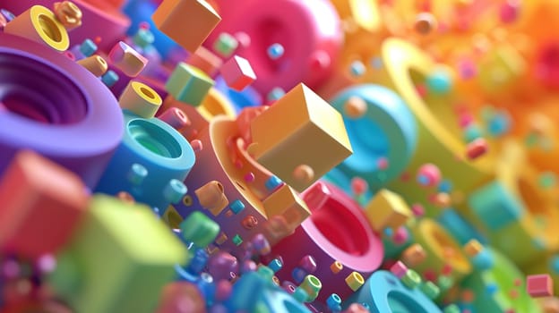 Abstract background with colorful 3D shapes scattered in geometric composition. Generated AI.