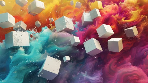 Abstract white cubes flying into color burst of paint. Generated AI.