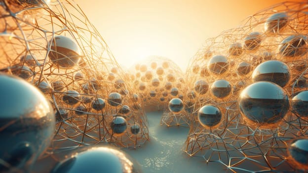 Abstract scfi-fi landscape with connected 3D balls and molecular grid structure. Futuristic surreal abstraction. Generated AI
