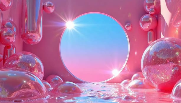 Surreal fantasy 3D landscape with pink iridescent bubble gum of candy shapes, reflecting in a glossy, liquid surface under a bright blue sky. Generated AI.