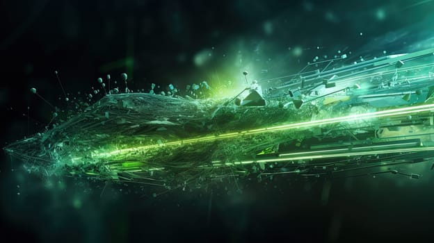 Abstract light streaks in a dynamic digital space with glowing green elements. Generated AI.
