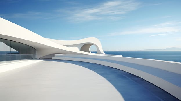 Abstract architecture scene with smooth curves. Abstract background with futuristic building in white and blue colors. Generated AI