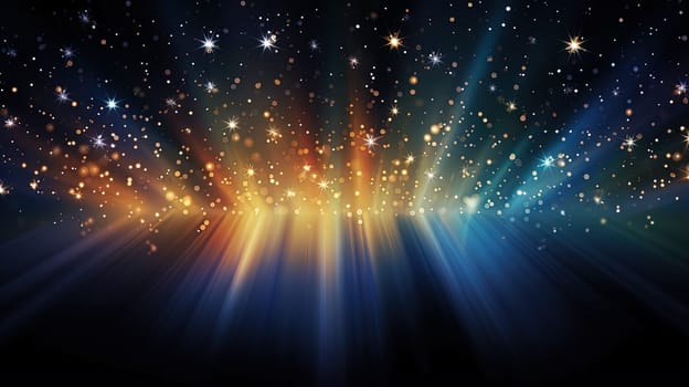 Abstract backgound with blue and orange light rays. God rays or light burst with bokeh. Generated AI