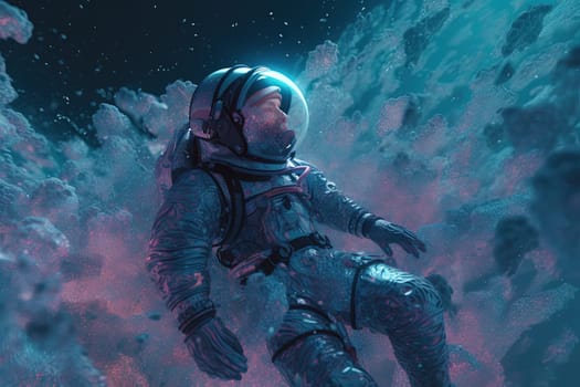 Astonaut soaring in astral space in magic trip with surreal sparkles and aura. Generated AI
