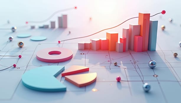 3D infographics for business presentation with neon glowing charts, bars and pie diagrams. Generated AI.