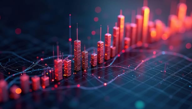 3D infographics for business presentation with neon glowing charts, bars and pie diagrams. Generated AI.