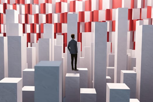 Businessman choice concept with man thinking about the solution in the room of columns and graphs. Generated AI